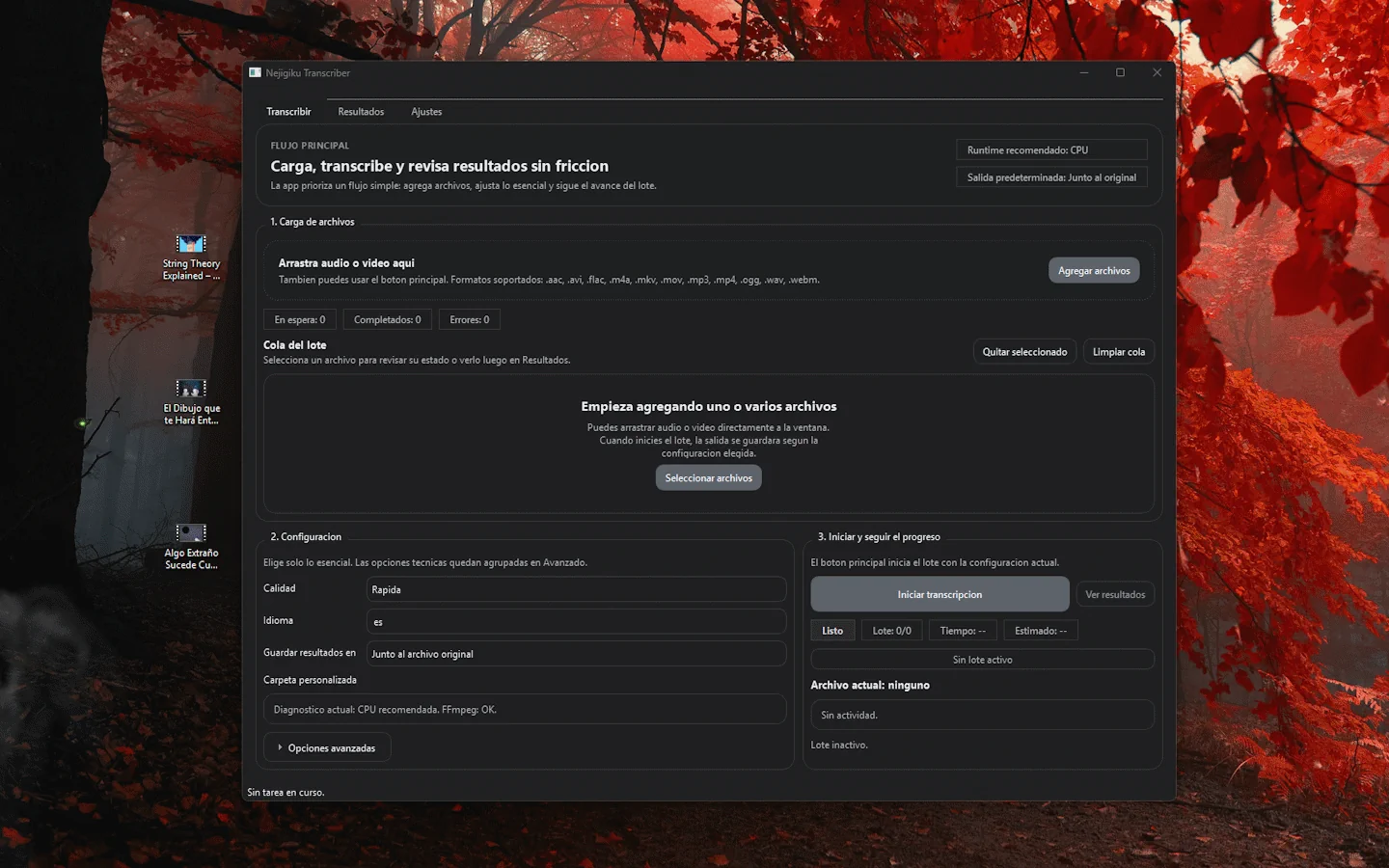 Pantalla de inicio de la aplicación Nejigiku Transcriber.