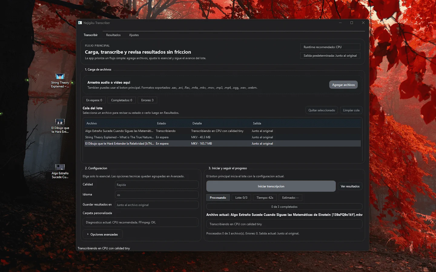 Proceso de transcripción en curso dentro de Nejigiku Transcriber.