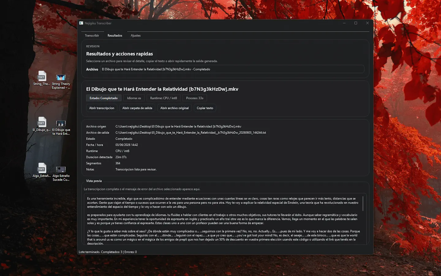 Vista de resultados generados por Nejigiku Transcriber.
