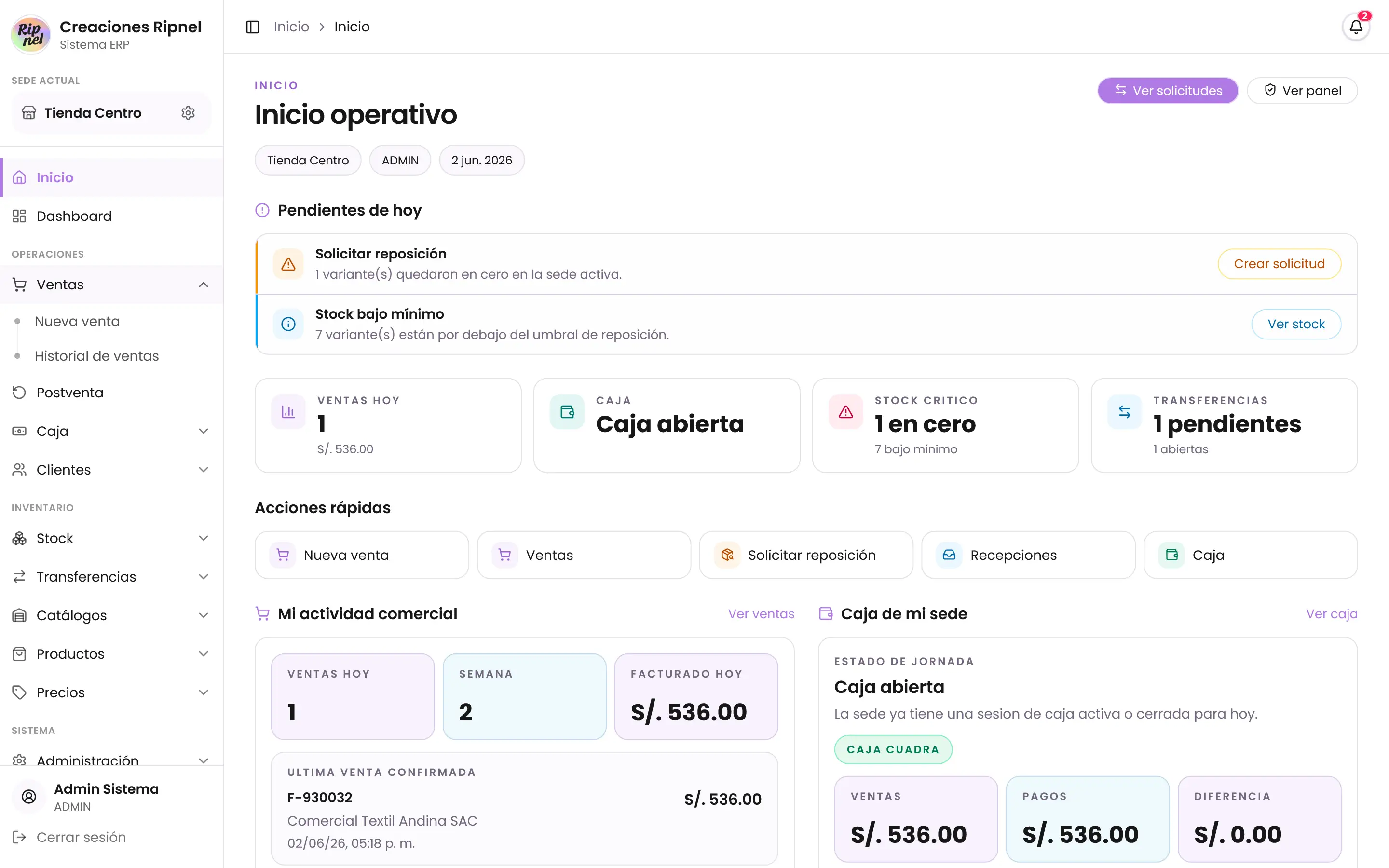 Pantalla de inicio del ERP RIPNEL Platform.