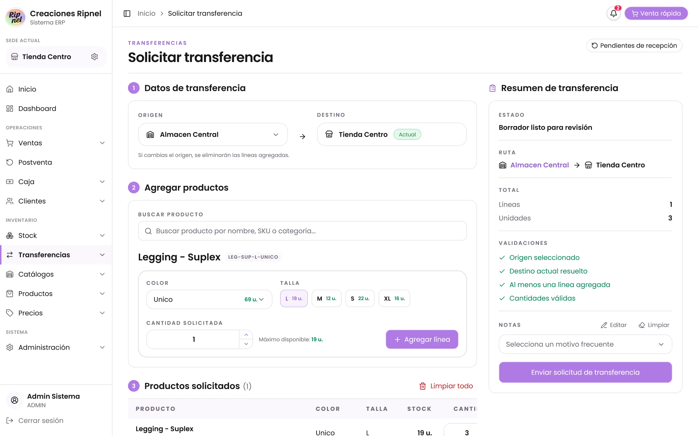 Vista de transferencias internas en RIPNEL Platform.